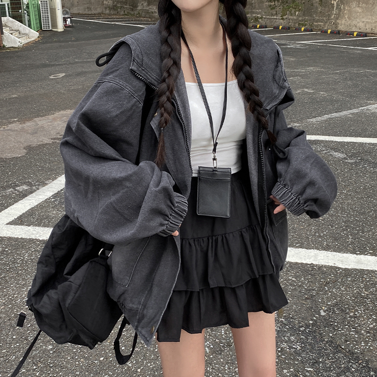 オーバーサイズフードジップアップデニムジャケット BLACK DENIM