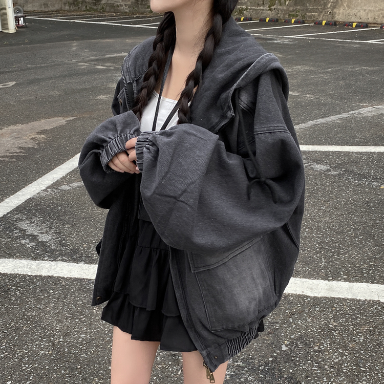 オーバーサイズフードジップアップデニムジャケット BLACK DENIM