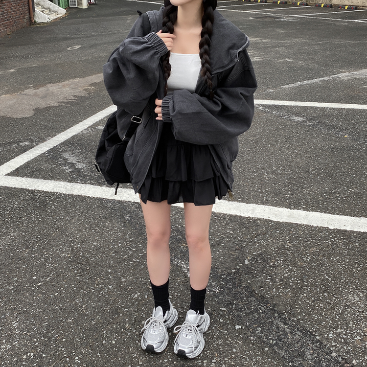 オーバーサイズフードジップアップデニムジャケット BLACK DENIM