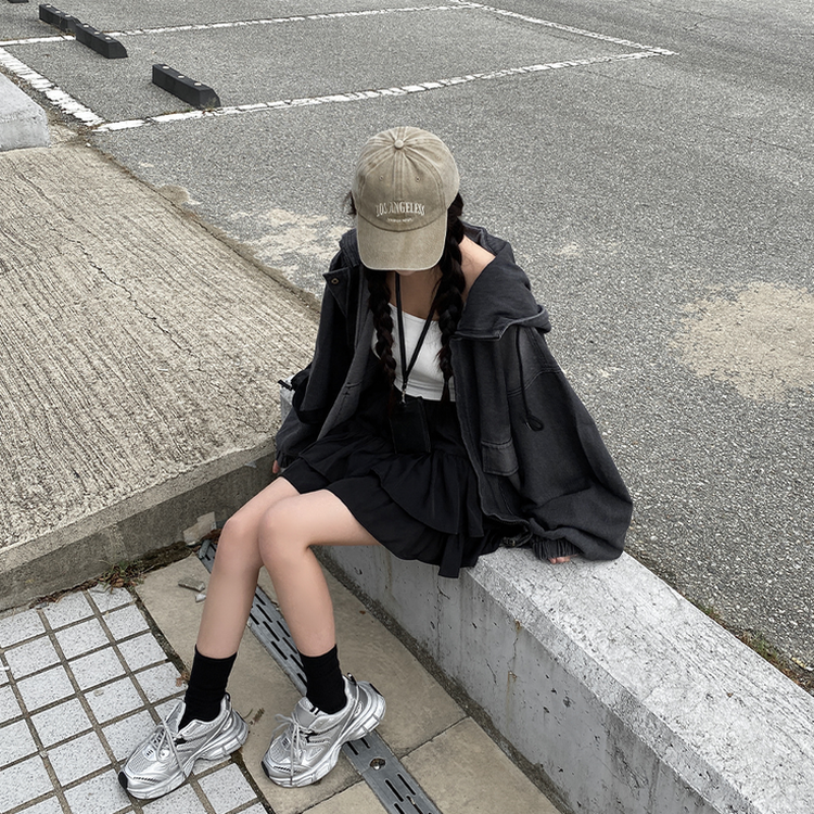 オーバーサイズフードジップアップデニムジャケット BLACK DENIM