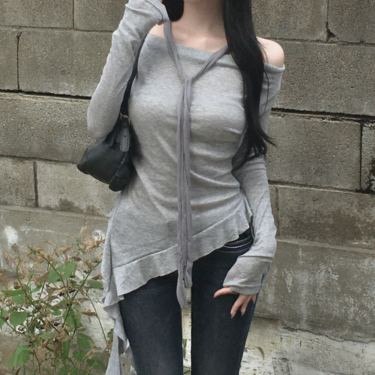 オフショルダーフリル長袖トップス GREY