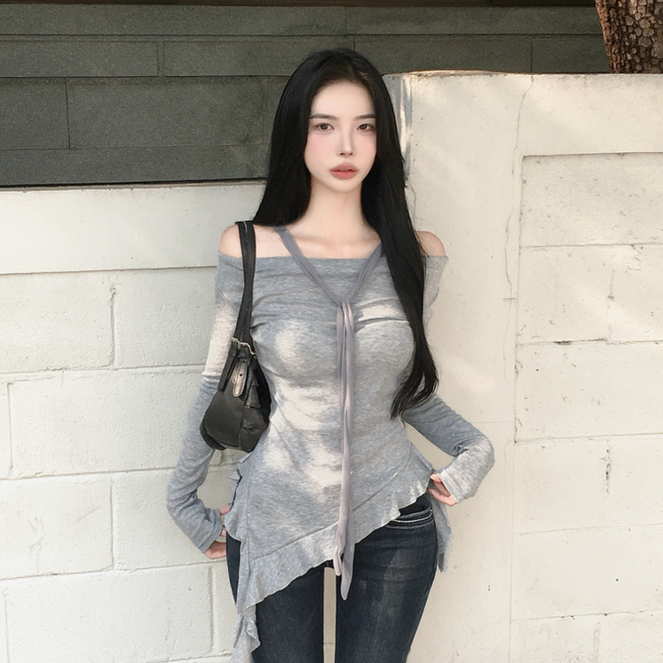 オフショルダーフリル長袖トップス GREY