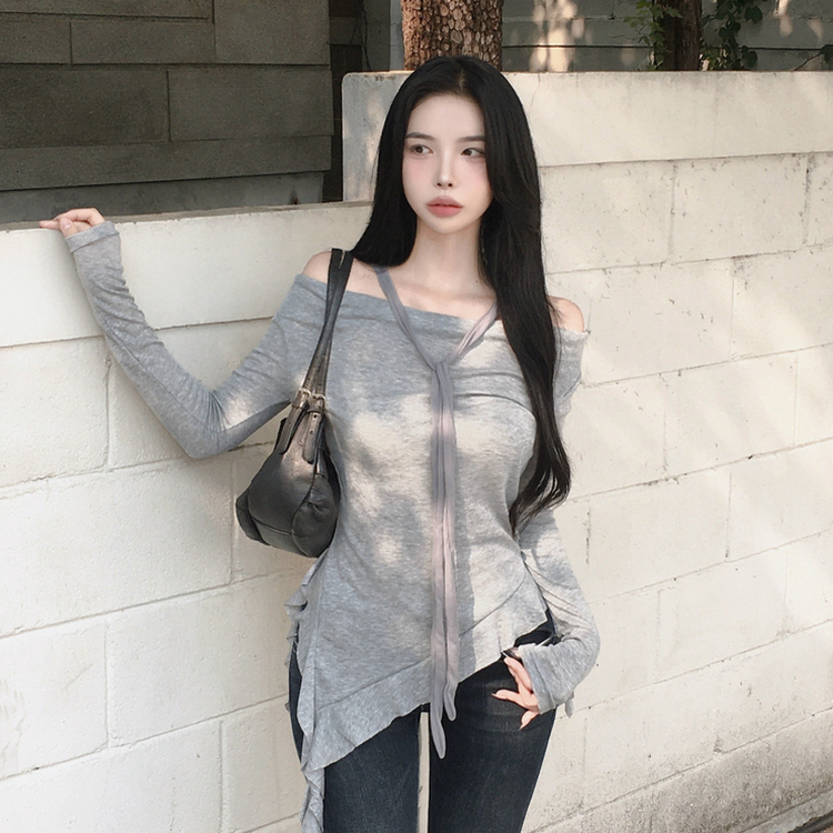 オフショルダーフリル長袖トップス GREY