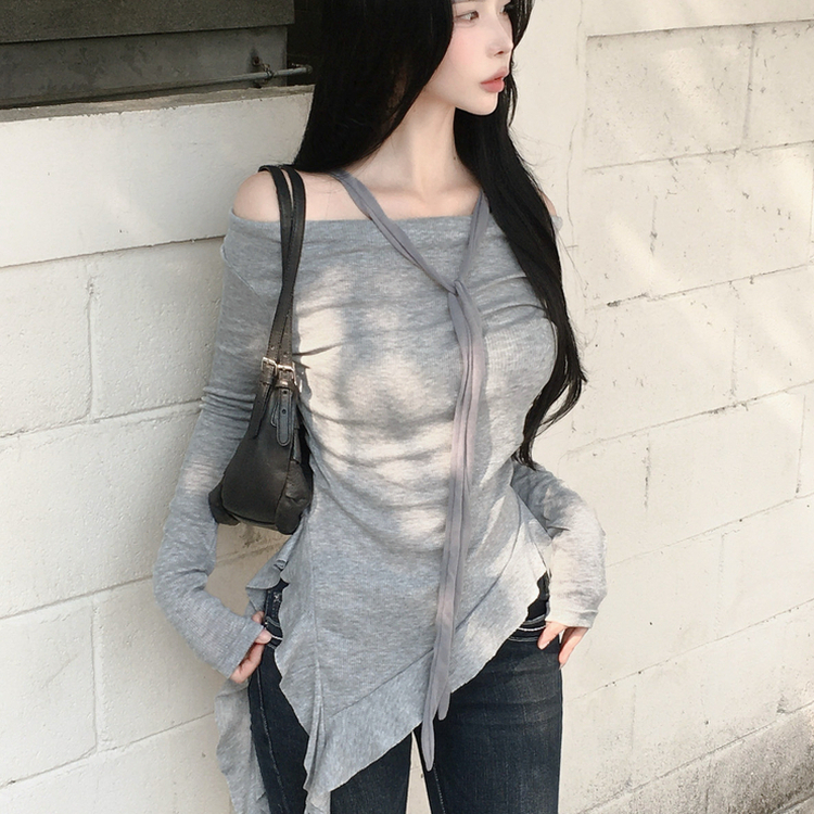 オフショルダーフリル長袖トップス GREY