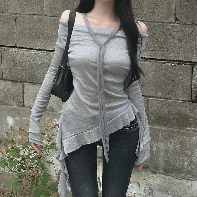 オフショルダーフリル長袖トップス GREY