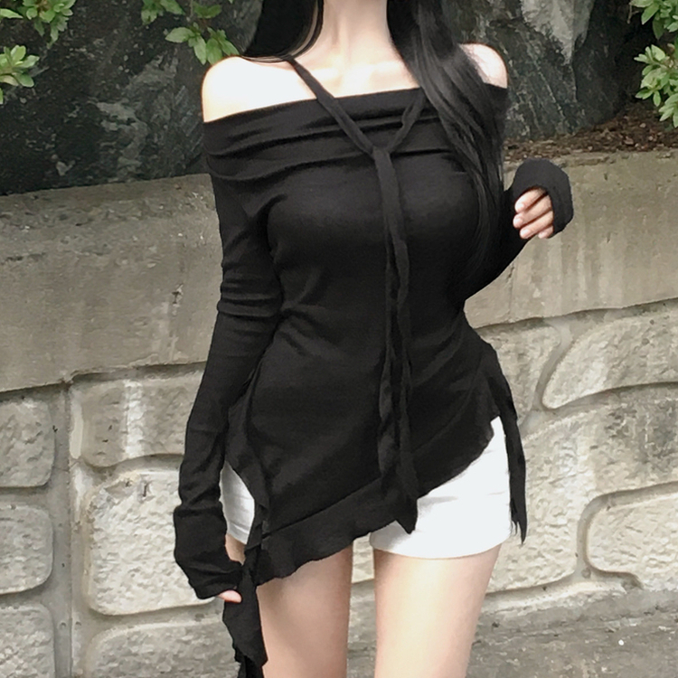 オフショルダーフリル長袖トップス BLACK