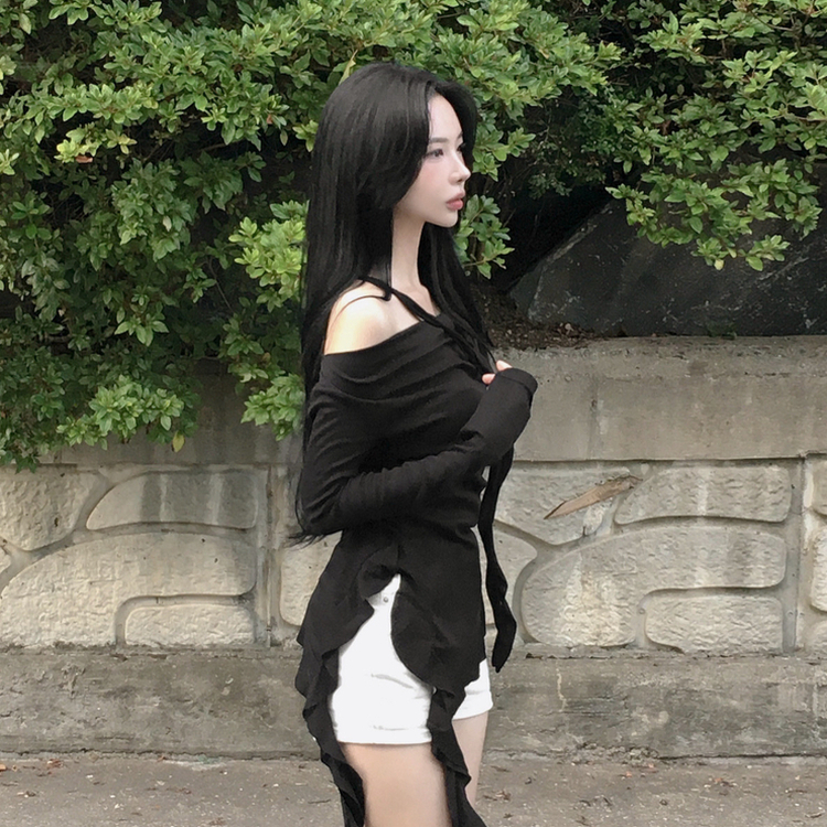 オフショルダーフリル長袖トップス BLACK