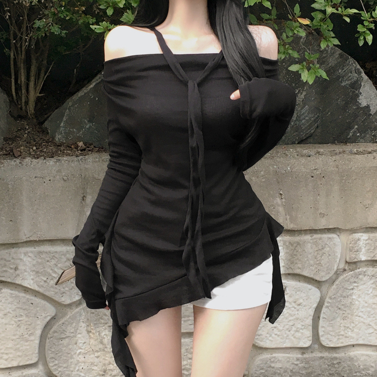 オフショルダーフリル長袖トップス BLACK