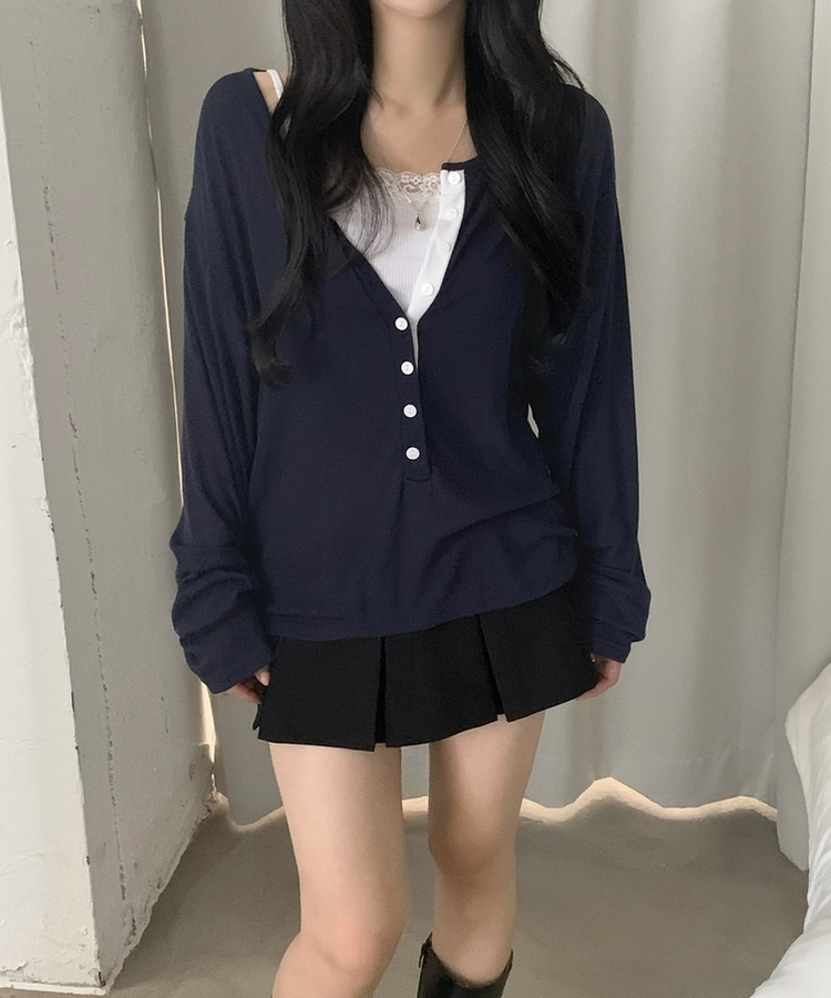 ディープVネックヘンリーネックTシャツ NAVY