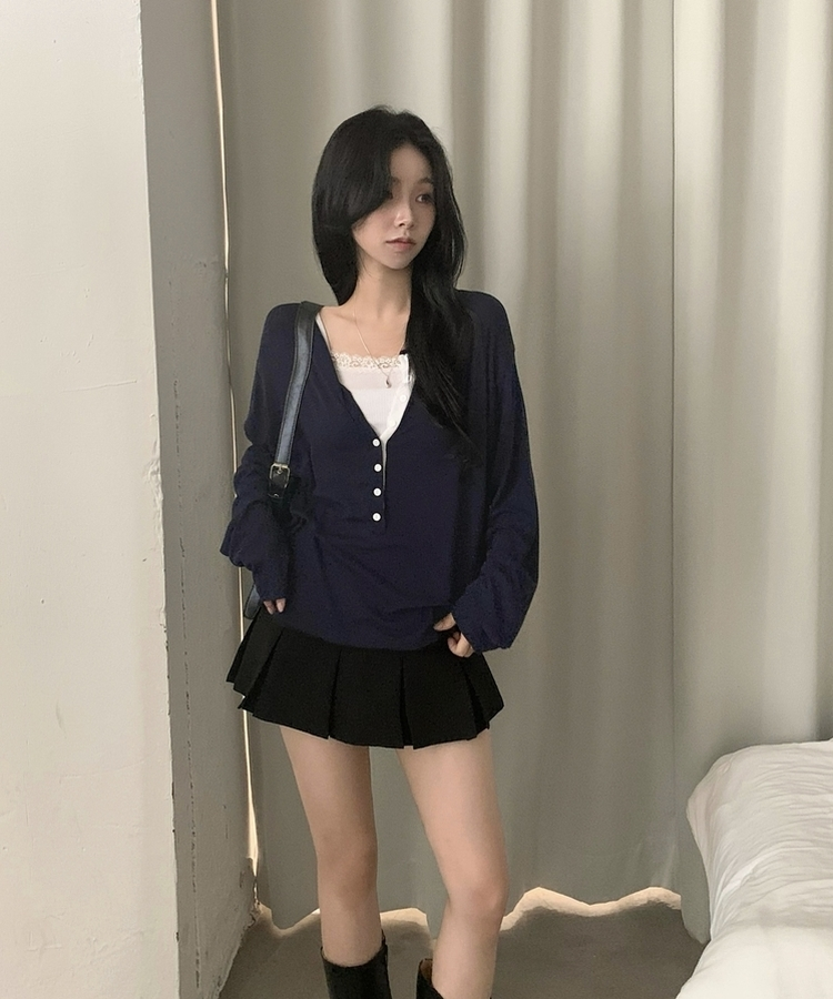 ディープVネックヘンリーネックTシャツ NAVY