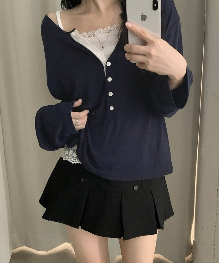 ディープVネックヘンリーネックTシャツ NAVY