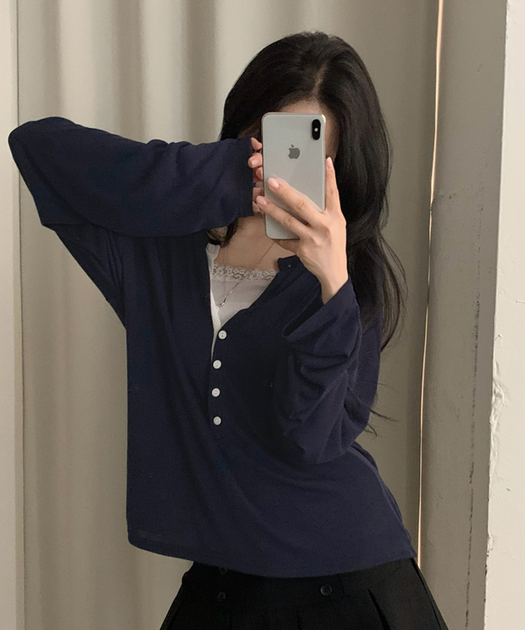 ディープVネックヘンリーネックTシャツ NAVY