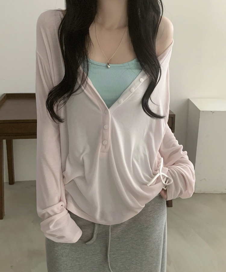 ディープVネックヘンリーネックTシャツ PINK