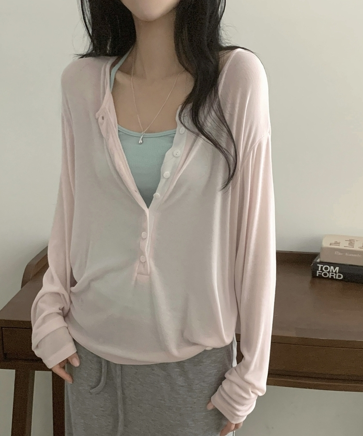 ディープVネックヘンリーネックTシャツ PINK