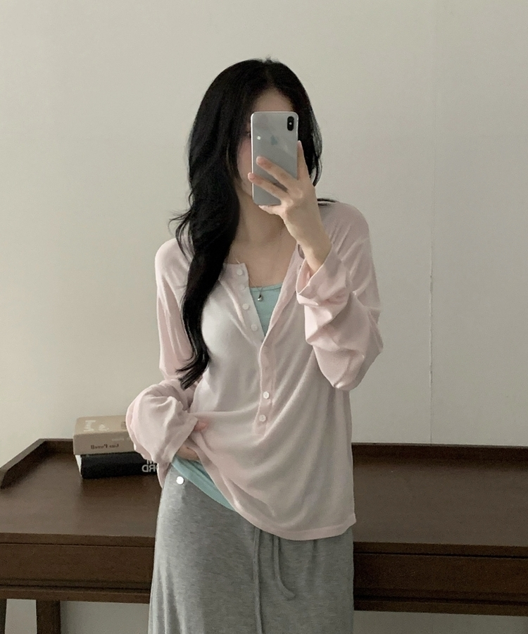 ディープVネックヘンリーネックTシャツ PINK