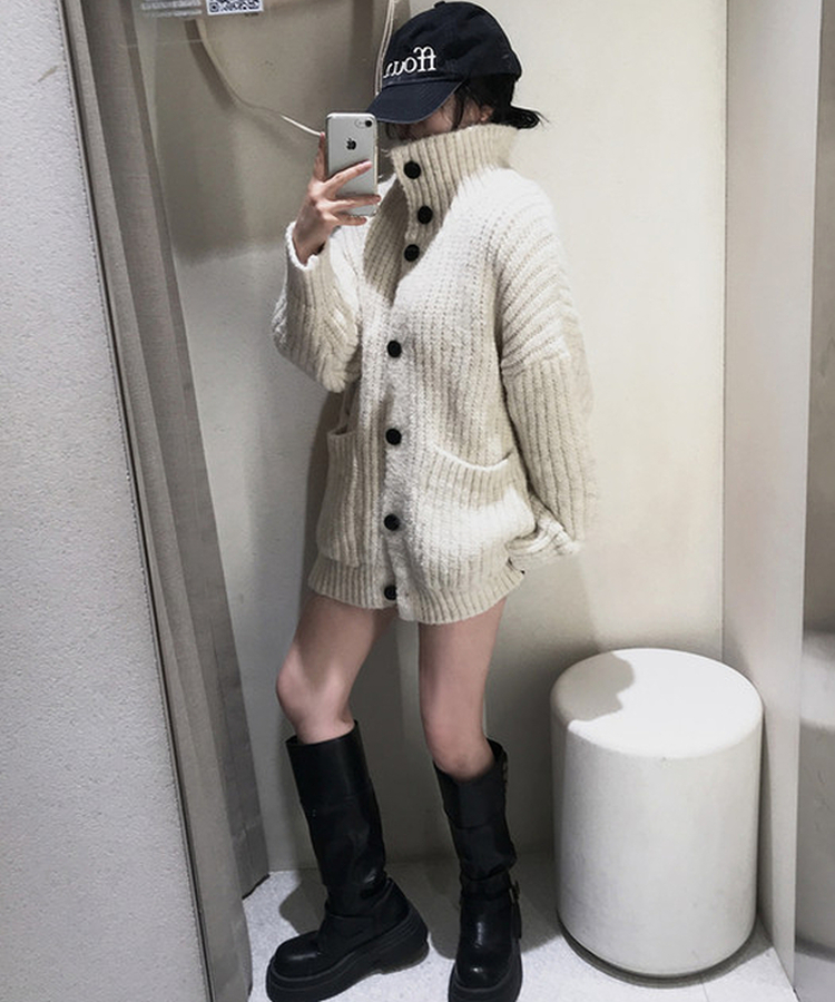 オーバーサイズリブハイネックカーディガン BEIGE