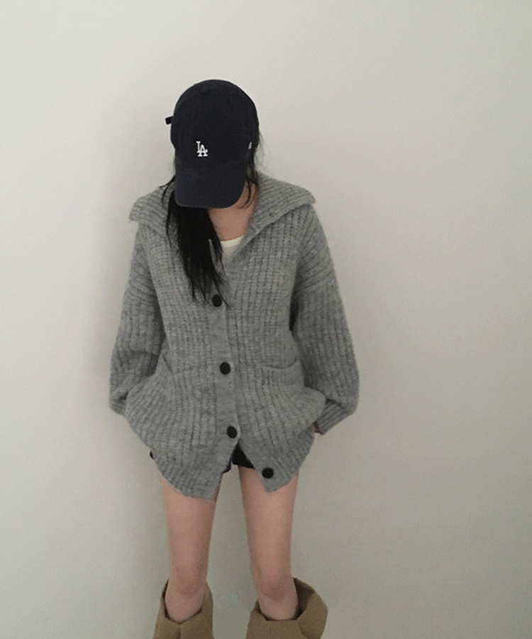 オーバーサイズリブハイネックカーディガン GREY