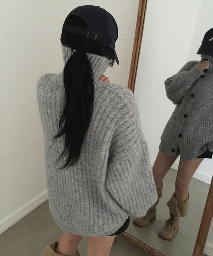 オーバーサイズリブハイネックカーディガン GREY