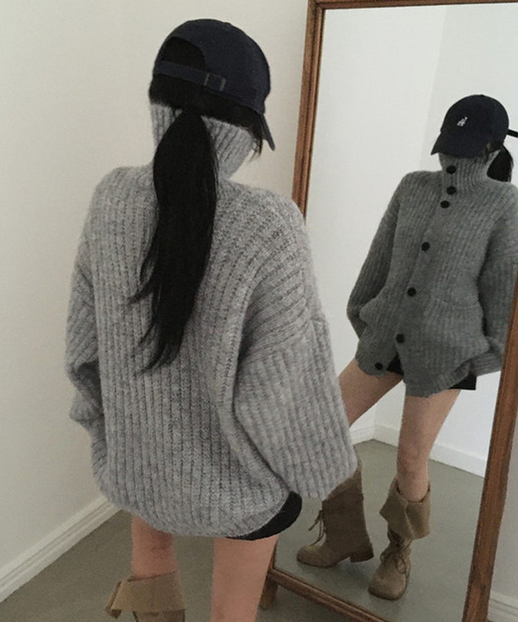 オーバーサイズリブハイネックカーディガン GREY