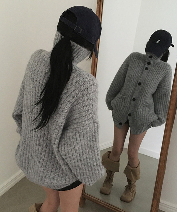 オーバーサイズリブハイネックカーディガン GREY
