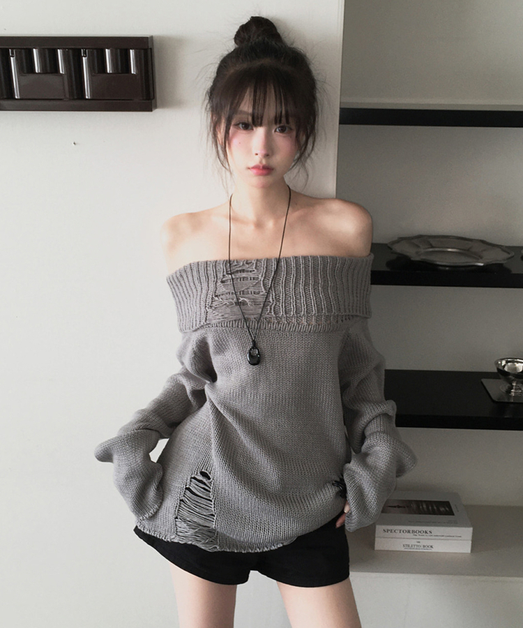 カットオフオフショルダーニット GREY