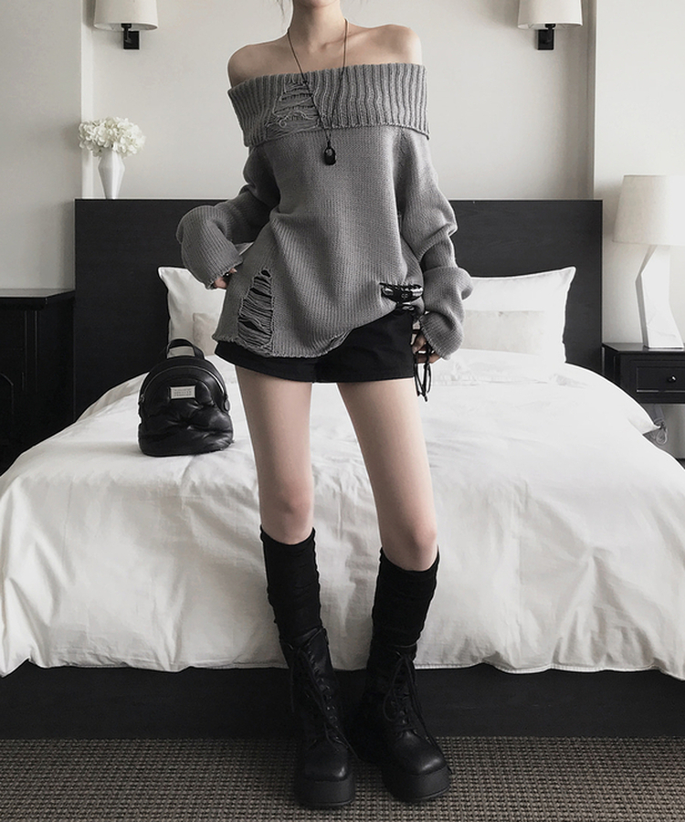 カットオフオフショルダーニット GREY