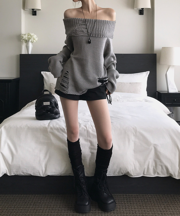 カットオフオフショルダーニット GREY