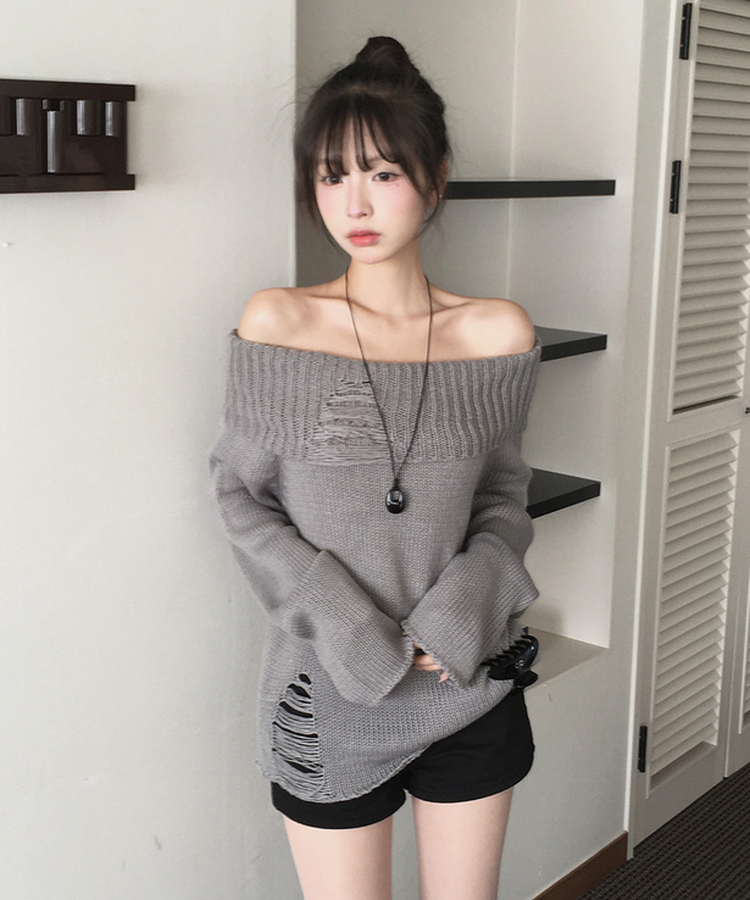 カットオフオフショルダーニット GREY