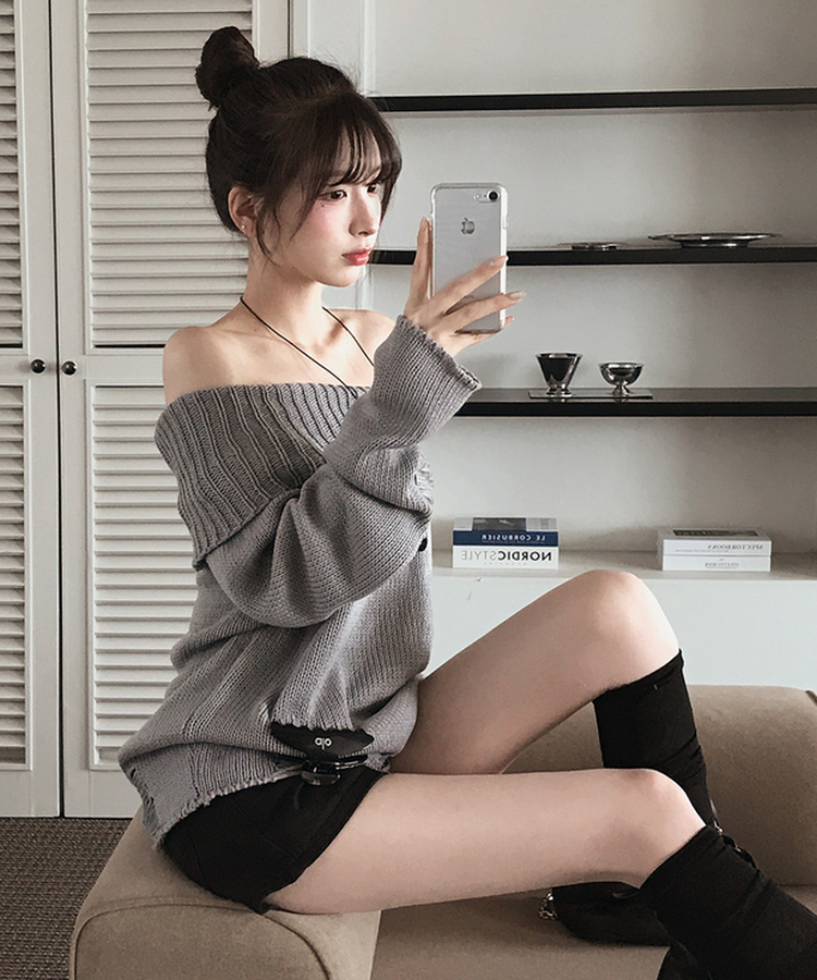 カットオフオフショルダーニット GREY