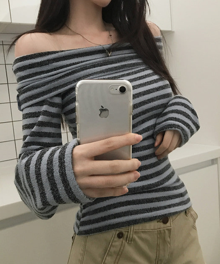 オフショルダーストライプニットTシャツ(6color) SKY BLUE