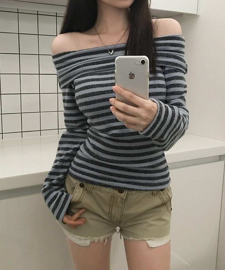 オフショルダーストライプニットTシャツ(6color) SKY BLUE