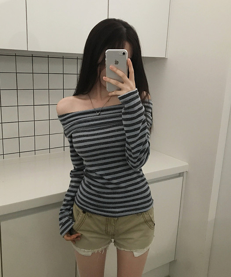 オフショルダーストライプニットTシャツ(6color) SKY BLUE