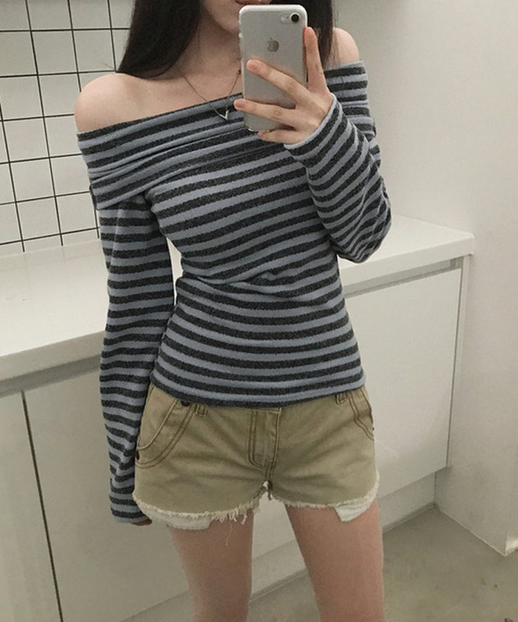 オフショルダーストライプニットTシャツ(6color) SKY BLUE