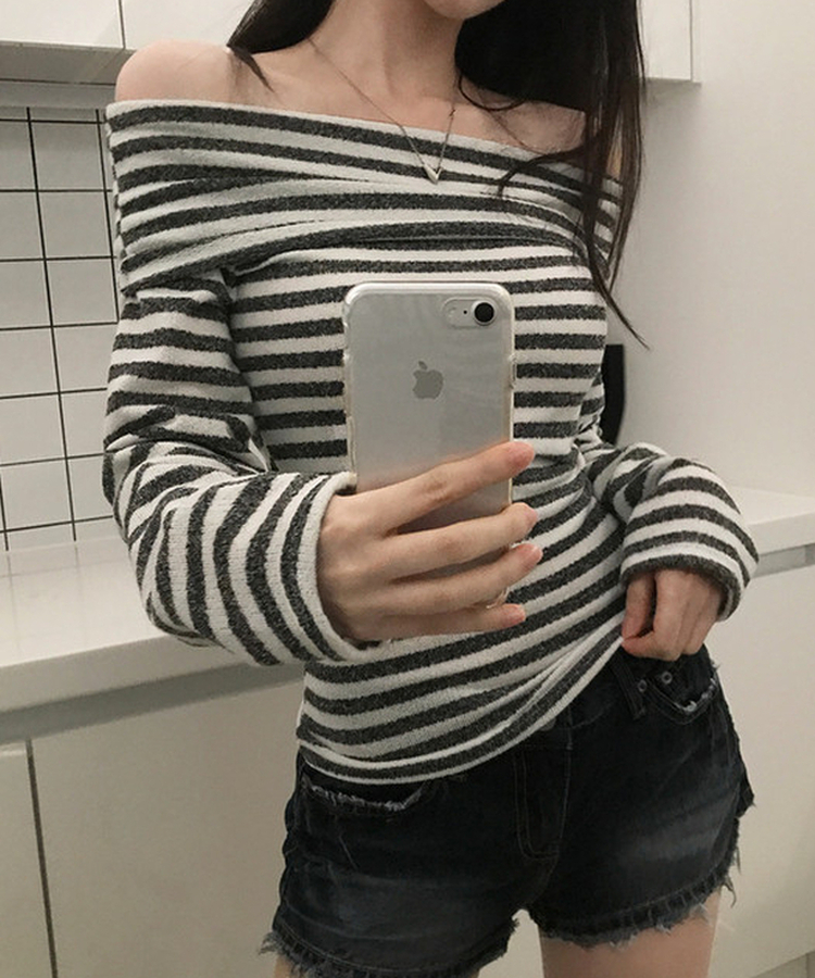 オフショルダーストライプニットTシャツ(6color) IVORY