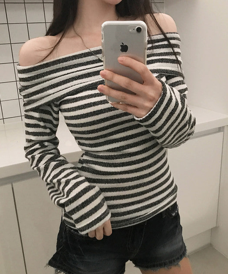 オフショルダーストライプニットTシャツ(6color) IVORY