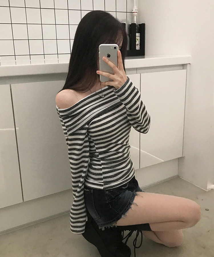 オフショルダーストライプニットTシャツ(6color) IVORY