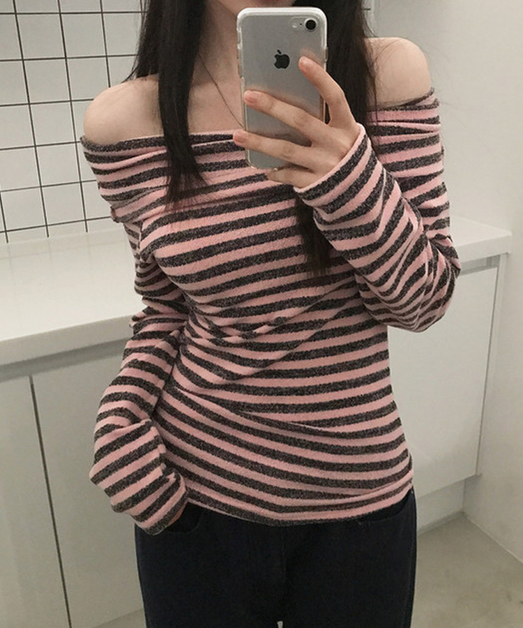 オフショルダーストライプニットTシャツ(6color) PINK