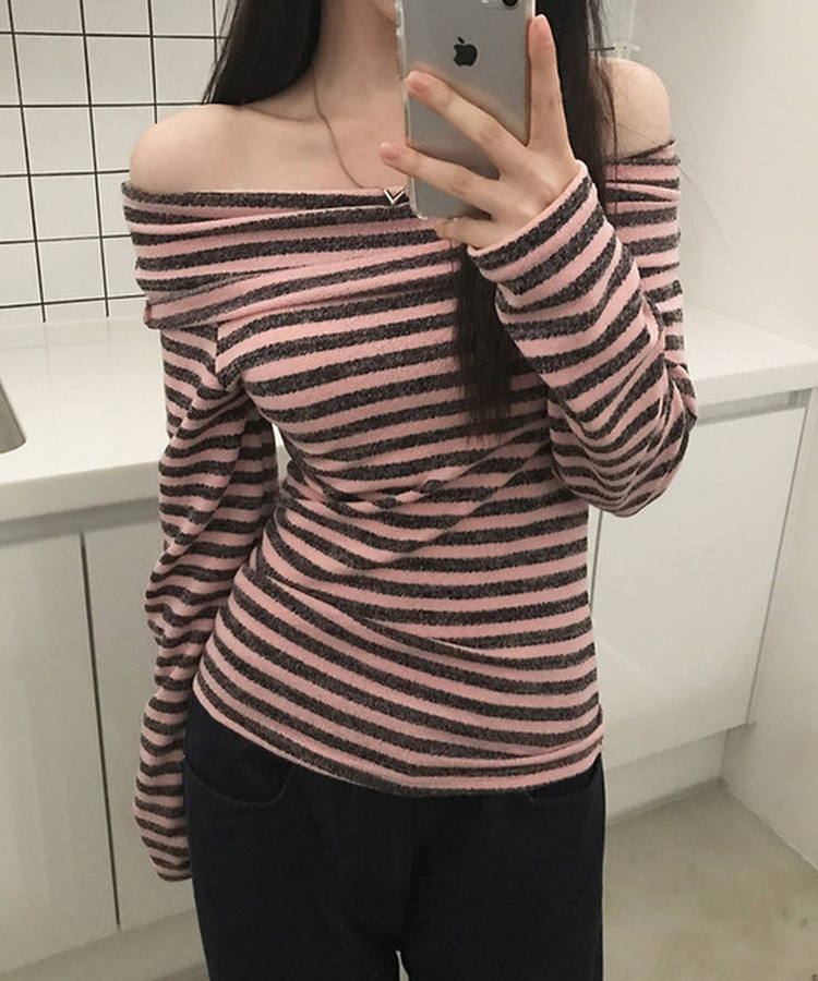 オフショルダーストライプニットTシャツ(6color) PINK
