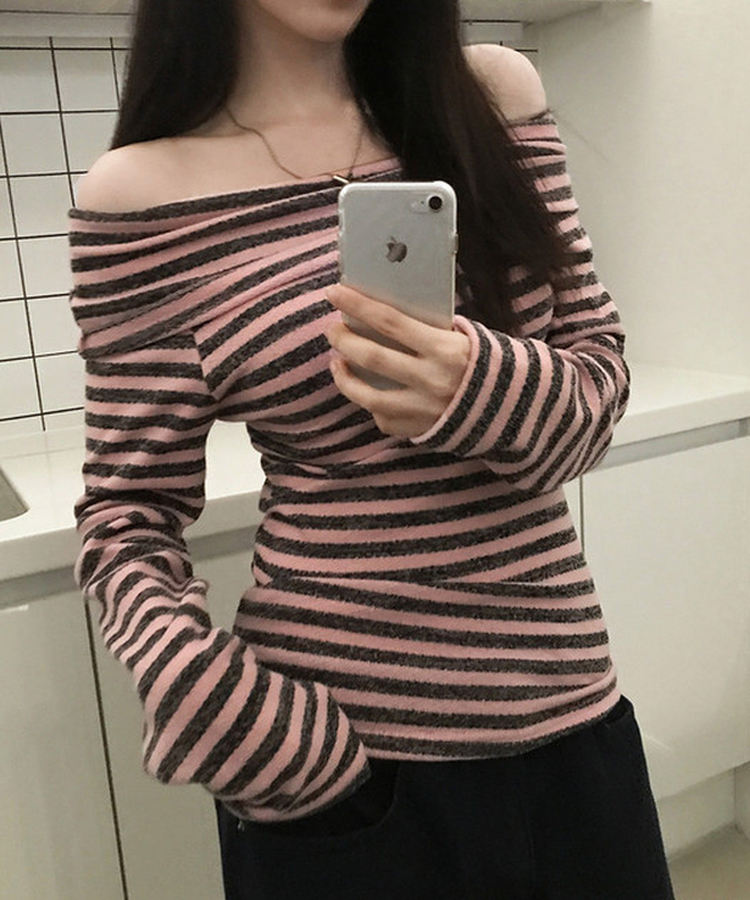オフショルダーストライプニットTシャツ(6color) PINK
