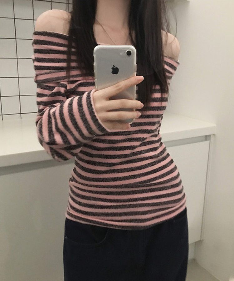 オフショルダーストライプニットTシャツ(6color) PINK