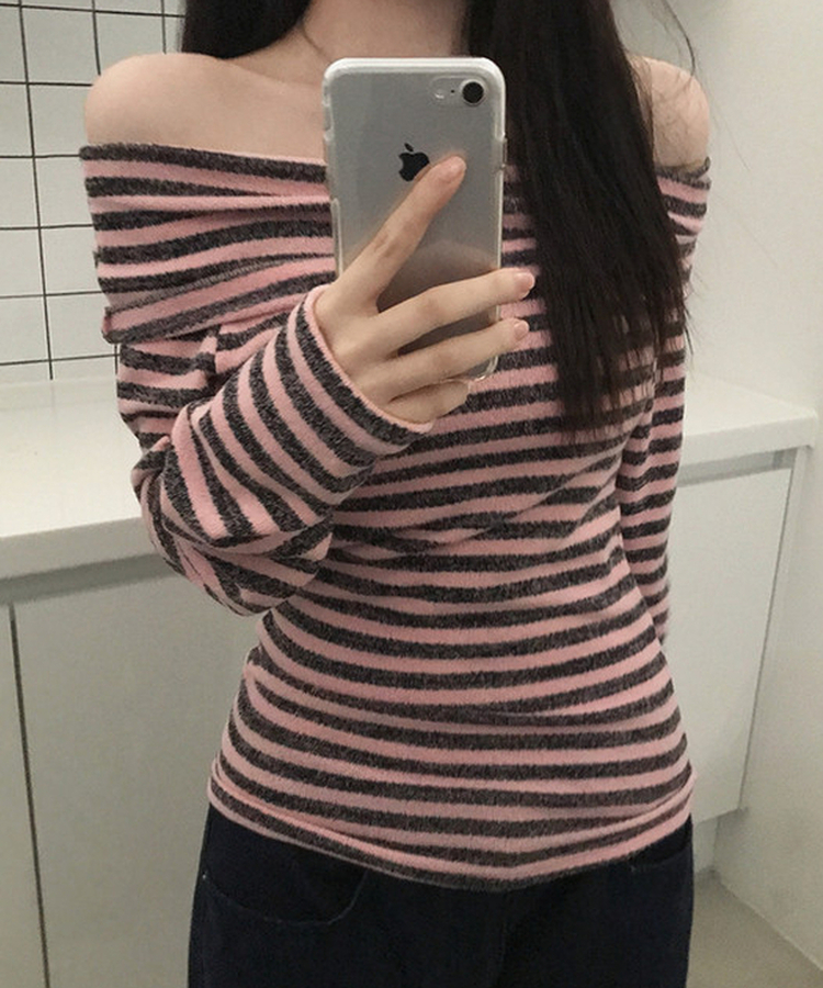 オフショルダーストライプニットTシャツ(6color) PINK