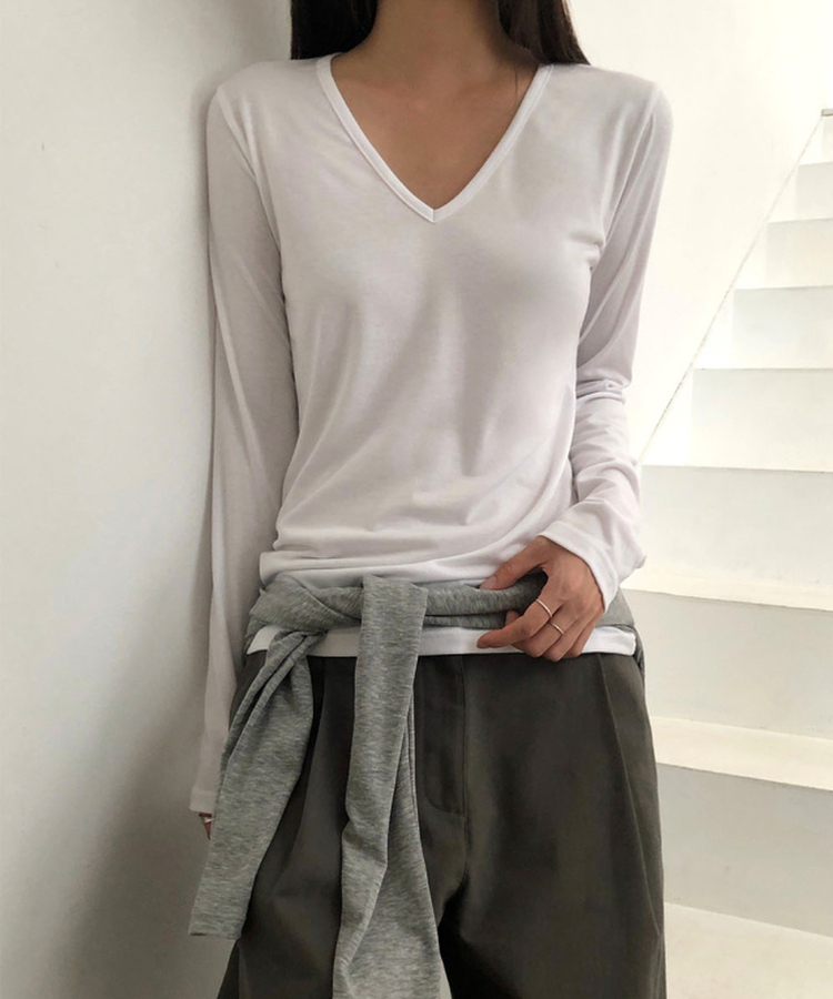 Vネック長袖Tシャツ(5color) WHITE