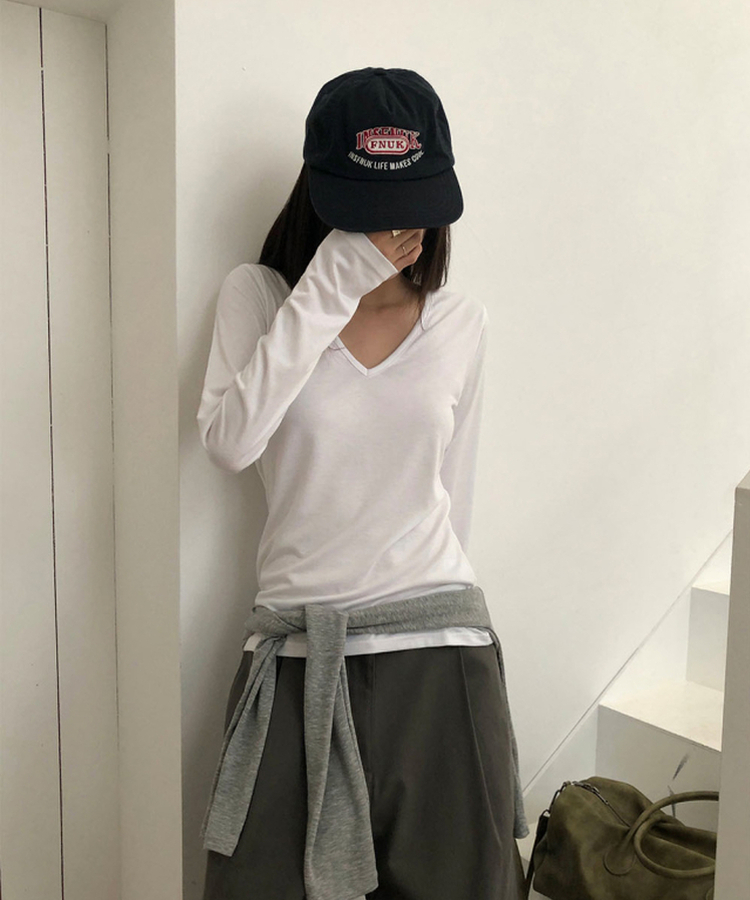 Vネック長袖Tシャツ(5color) WHITE