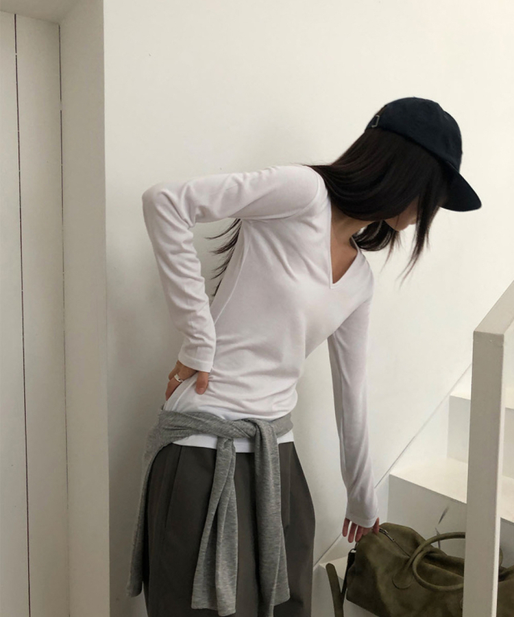 Vネック長袖Tシャツ(5color) WHITE