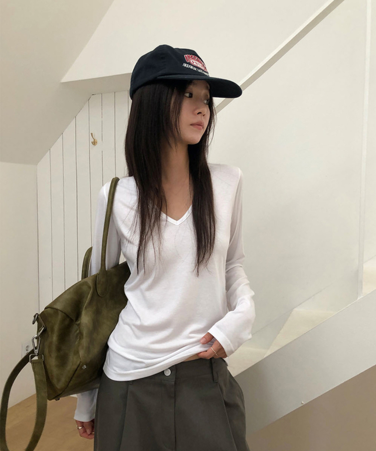 Vネック長袖Tシャツ(5color) WHITE