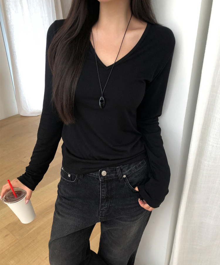 Vネック長袖Tシャツ(5color) BLACK