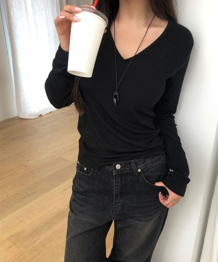 Vネック長袖Tシャツ(5color) BLACK