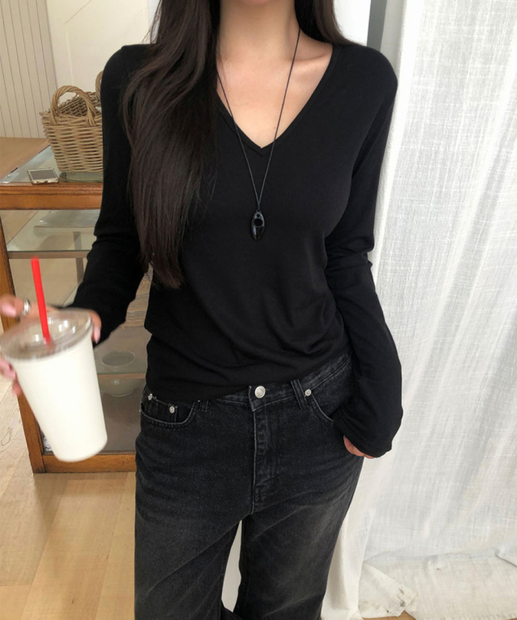 Vネック長袖Tシャツ(5color) BLACK