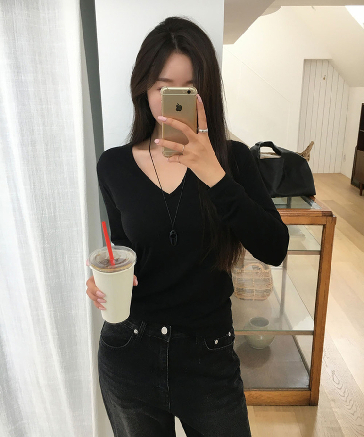 Vネック長袖Tシャツ(5color) BLACK
