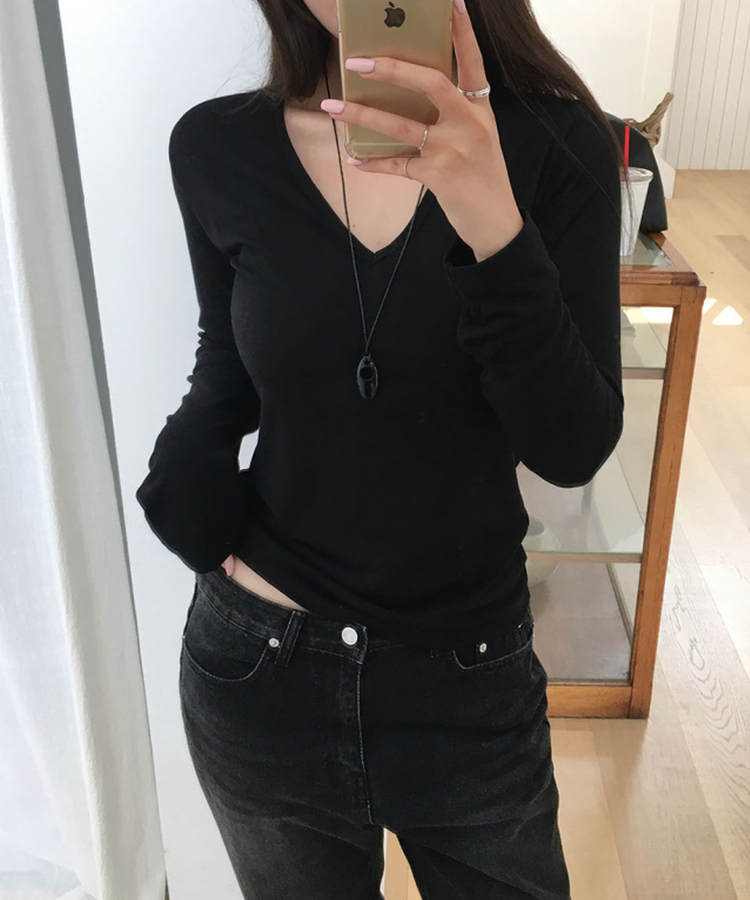 Vネック長袖Tシャツ(5color) BLACK